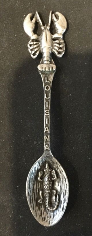 Lobster (top),  Louisiana (stem) & Alligator (bowl) On Pewter Souvenir Spoon