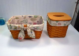 Pair 2002 Fabric Lined Longaberger Baskets Tall Tissue & Organizer Plastic Liner