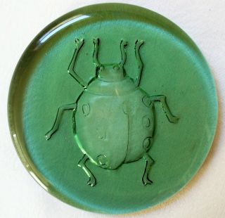 Vintage Green Glass Paperweight Round Big Lady Bug 3 3/4 " Coaster Suncatcher Ec