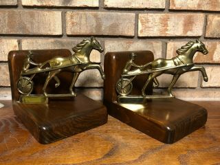 Old Cornwall Wood Products Maine Brass Horse Sulky Harness Jockey Racer Bookends
