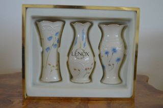 3 Classic Lenox Floral Bud Vases Cream W Blue & Rose Flowers Gold Trim Spring