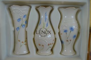3 Classic Lenox Floral Bud Vases Cream w Blue & Rose Flowers Gold Trim SPRING 2