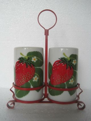 Vtg Tii Porcelain Strawberry Salt & Pepper Shaker Set W/red Holder