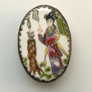 Vintage Chinese Tibetan Silver Porcelain Shard Inlay Jewelry Box Mirror Inside
