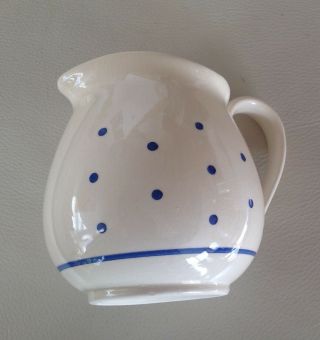 Vtg Ddr White Hand Painted Polka Dot Pitcher Creamer Juice Blue Milk Ceramic Euc