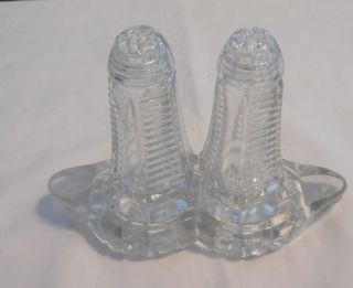Vintage Elegant Glass Salt & Pepper Shakers W Glass Lids And Glass Tray Holder