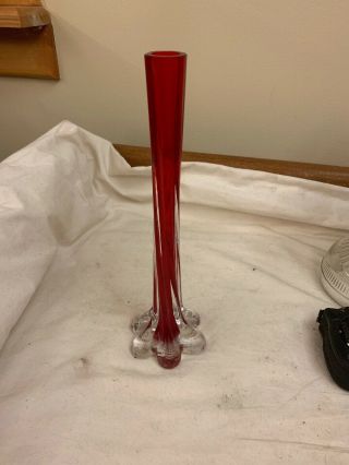 Vintage Red Clear Twist Glass Vase Tall Skinny Retro Mid Century Hand Made Vase