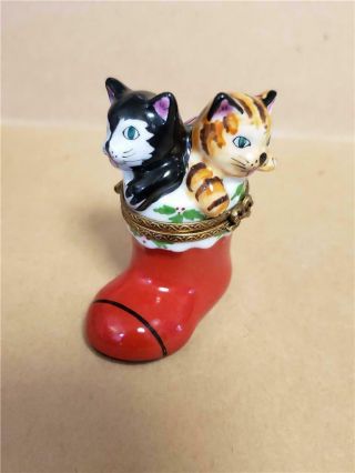 Limoges Porcelain Peint Main Kittens - Cat In Santa Boot Christmas Trinket Box