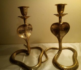 2 Vintage Solid Brass Etched Cobra Snake Candle Holders.