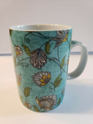 World Market Teal Blue Coffee Mug Boho Floral White Yellow Tea Cup