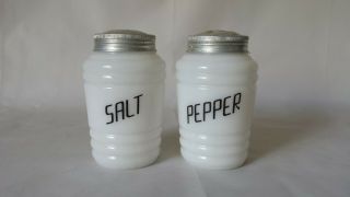 Vintage Hazel Atlas Milk Glass Salt & Pepper Shakers Aluminum Lids 4.  75 "