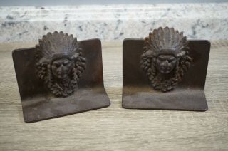 Vintage Cast Iron Native American Indian Chief Head Book Ends