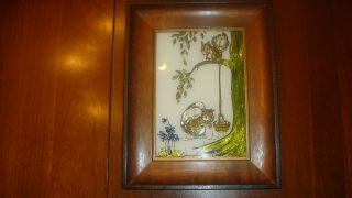 Vintage Foil Reverse Hand Painted Picture Of Squirrel With Basket 9 1/2 X 7 1/2