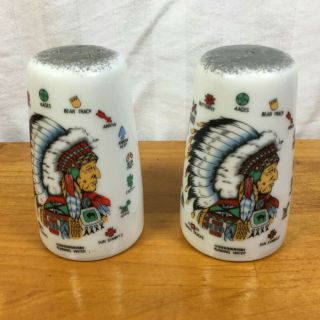 Vintage Ceramic American Indian Chief W/ Headdress Salt & Pepper Shakers Euc