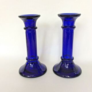Pair Retro Cobalt Blue Glass Column Candlestick Holders Spain