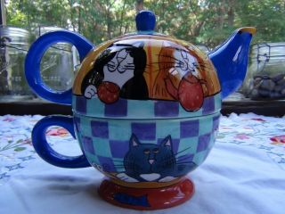 Catzilla Candace Reiter Cats Blue Yellow Red Teapot & Cup Tea For One