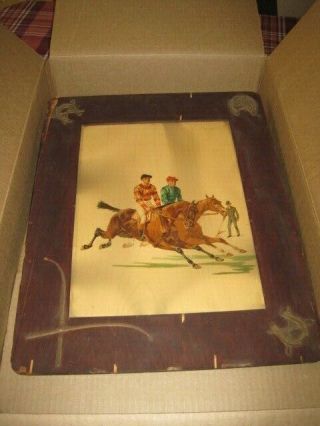 Antique Wood Picture Frame Horse Racing Riding Print Jockeys Appliques On Frame