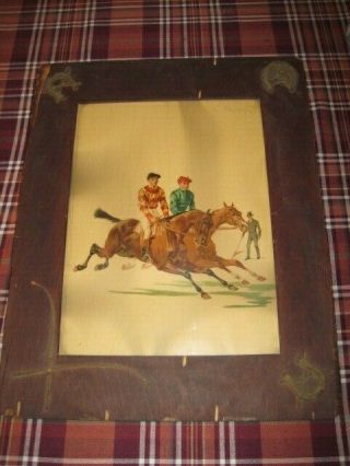 Antique Wood Picture Frame Horse Racing Riding Print Jockeys Appliques on Frame 2