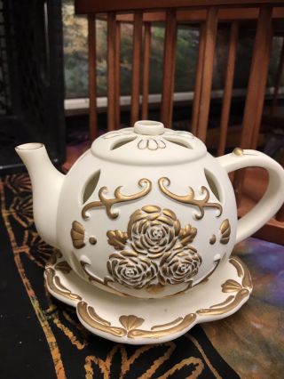 Euc Partylite Bisque Ivory And Gold Rose Teapot & Saucer Votive Candle Holder