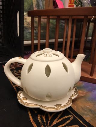 EUC Partylite Bisque Ivory and Gold Rose Teapot & Saucer votive Candle Holder 2