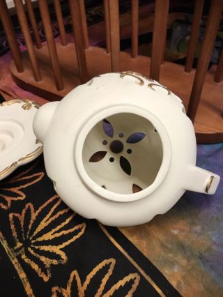 EUC Partylite Bisque Ivory and Gold Rose Teapot & Saucer votive Candle Holder 4