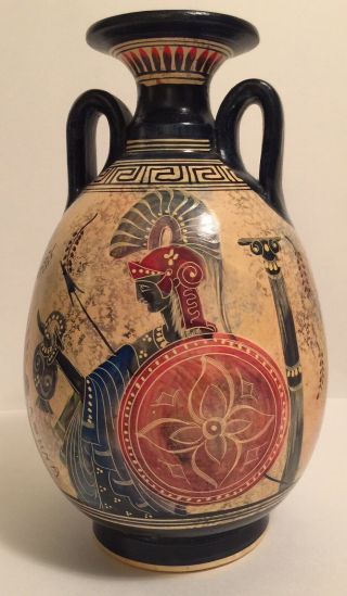Ceramic Vase Pot Pottery Greek Black - Figure Painting Goddess Athena Handmade