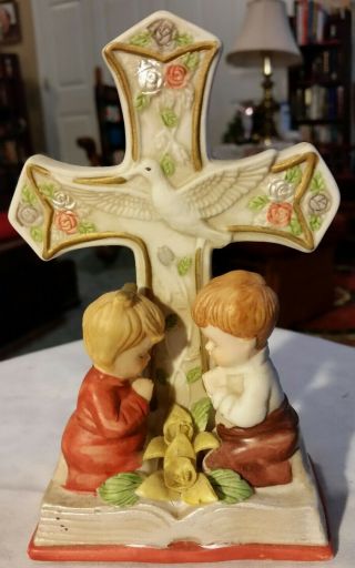 Vintage Figurine,  Boy & Girl Praying,  Sitting On Bible And W/ Cross W/ Dove