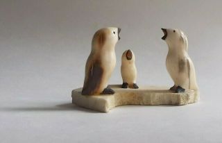 Vintage Hand Crafted Stone Sculpture - 3 Penguins On Rock - All Yacking Or Squawking