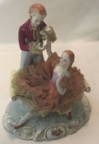 Vintage Dresden Style Lace Porcelain Courting Couple Woman Lady Man Figurine