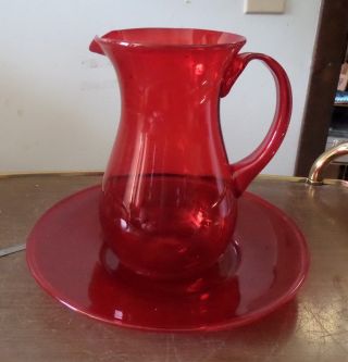 Hand Blown Red Glass Pitcher 9 " Tall With A 11 - 1/2 " Plate