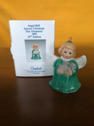 1999 Goebel Angel Bell Ornament Green With Bunny Rabbit 24th Edition