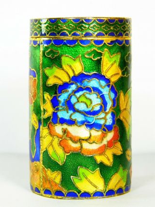 Green Multicolor Floral Chinese Cloisonne Copper Enamel Toothpick Holder Box