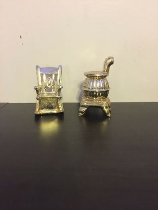 Vintage Salt And Pepper Shakers Chair And Woodstove Gold Tone