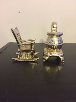 Vintage Salt and Pepper Shakers Chair and Woodstove Gold Tone 2