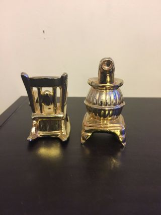Vintage Salt and Pepper Shakers Chair and Woodstove Gold Tone 3