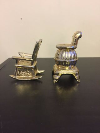 Vintage Salt and Pepper Shakers Chair and Woodstove Gold Tone 4