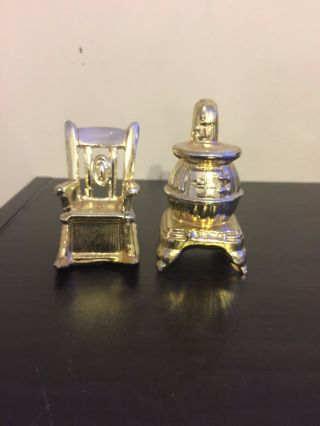 Vintage Salt and Pepper Shakers Chair and Woodstove Gold Tone 5