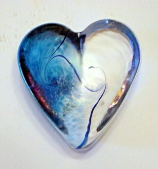 Collectible Robert Held Studio Art Glass Iridescent Blue Heart Paperweight