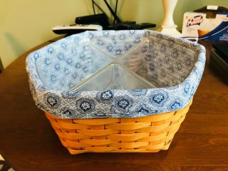 Longaberger 6 Sided Hexagon Basket With Liner And 2 Inserts Blue And White 11 "