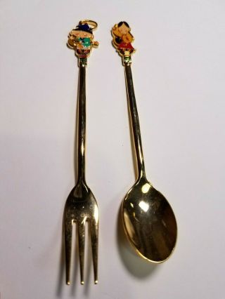 Vintage Korea Souvenir Spoon & Fork Set 24k Gold Plated Eden Enamel Boy Girl 6 "