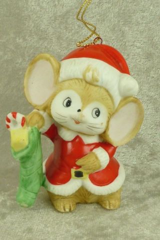 Vintage Santa Mouse With Stocking Christmas Ornament Porcelain Homco 5232