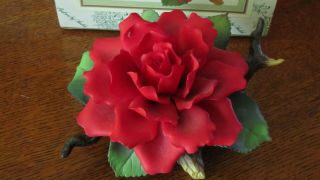 In Box: Andrea By Sadek Porcelain Handpaint Flower Figurine " Red Rose On Branch