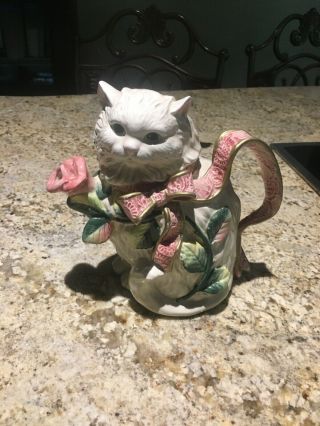 Adorable - Fitz and Floyd Cat / Kitten and Roses Teapot Tea Pot 2