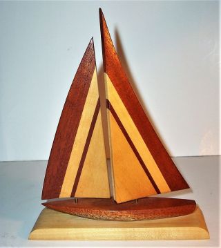 Old Sailboat Yacht Hand Crafted Wood Art Sculpture Statue Figurine Vintage Vg