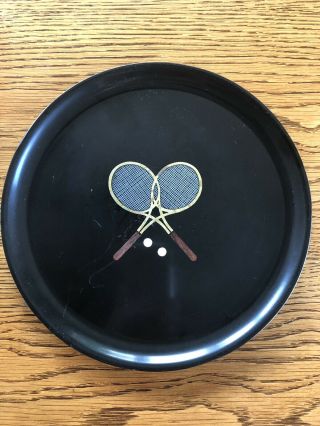 Vintage Couroc Of Monterey California Satin Black Round Tray W Tennis Rackets