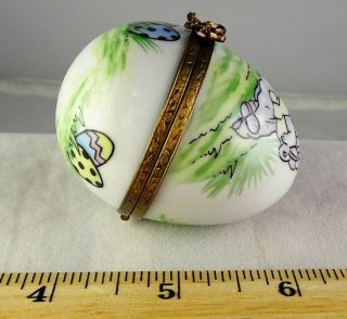 Peint Main Limoges Decorative Egg Shape Porcelain Trinket Box Bunny Rabbit 3