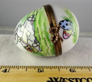 Peint Main Limoges Decorative Egg Shape Porcelain Trinket Box Bunny Rabbit 4