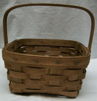 Longaberger Berry Basket - 7.  5 " Square W/ Hinged Wood Handle - Walnut Stain 1985