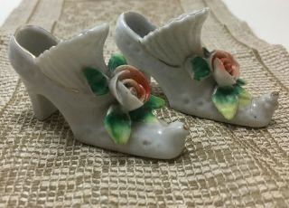 Vintage Pair Miniature Ceramic High Heel Shoes - White Apricot Roses - Gilt Trim