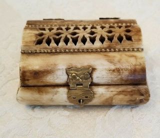 Vintage Small Chest Style Trinket/jewelry Box Made Of Bone & Brass From India